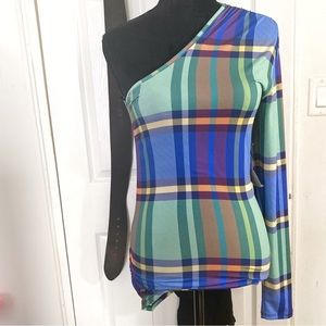 525 AMERICA ONE SHOULDER ARM BERRY PLAID GREEN BLUE STRETCH BLOUSE TOP SMALL